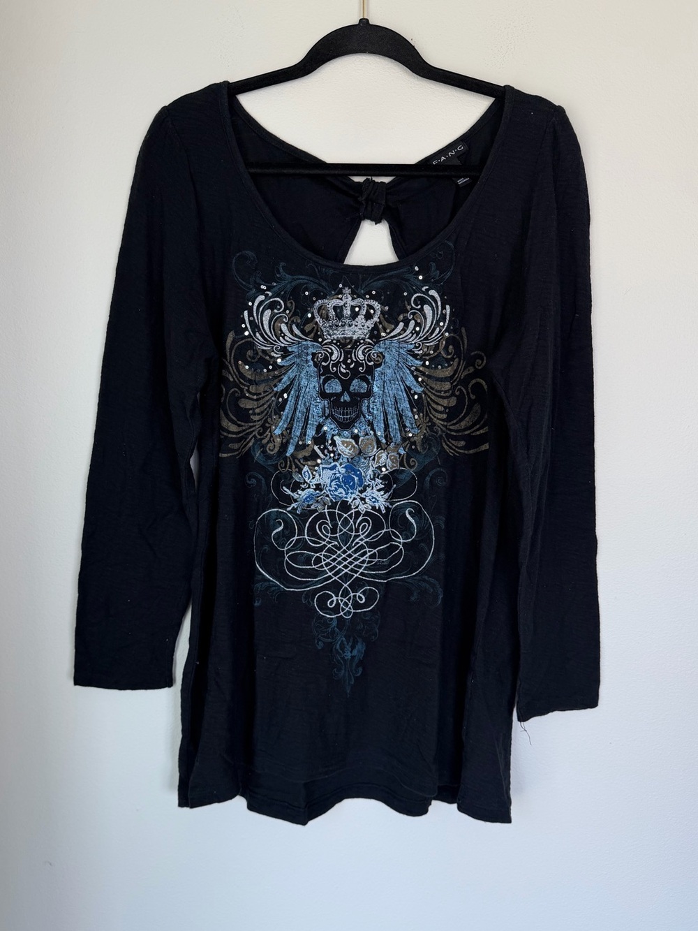 Y2K FANG Vintage Skull Emo Gothic Graphic Top Sparkly Glitter Open Back Plus